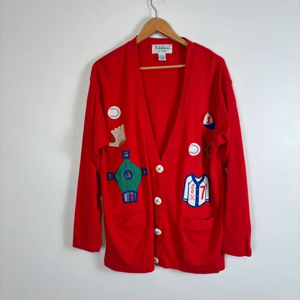 VTG 90s BellePointe At Ease Red Baseball Cardigan Sweater L Cotton Novelty Patch